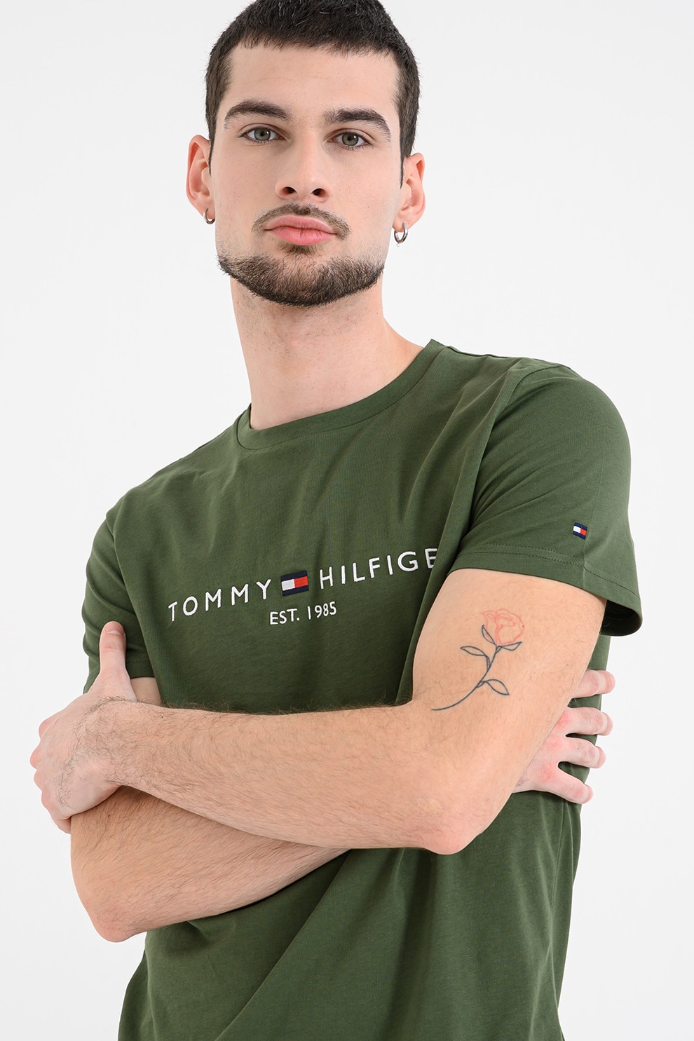 Tommy Hilfiger, Tricou slim fit din bumbac cu broderie, Verde padure, L