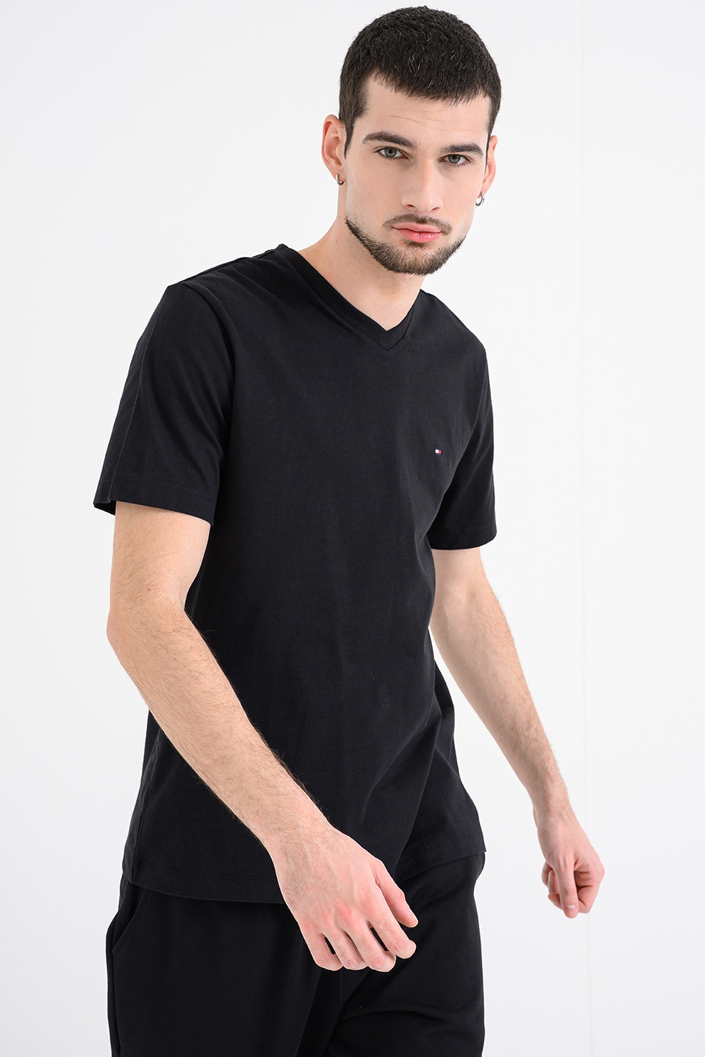 Tommy Hilfiger, Tricou uni cu decolteu in V, Negru, M