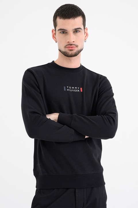 Tommy Hilfiger, Bluza de trening cu croiala slim-fit, mansete elastice si terminatie, Negru