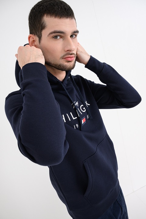 Tommy Hilfiger, Hanorac slim-fit cu imprimeu logo, Bleumarin