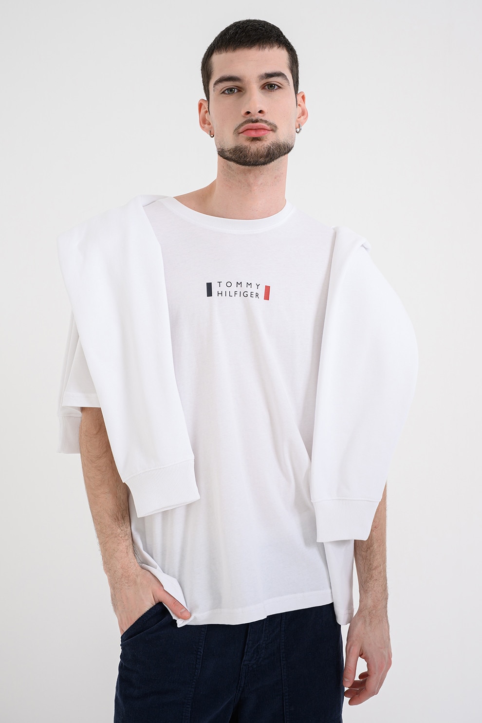 Tommy Hilfiger, Tricou lejer cu imprimeu logo, Alb, 2XL