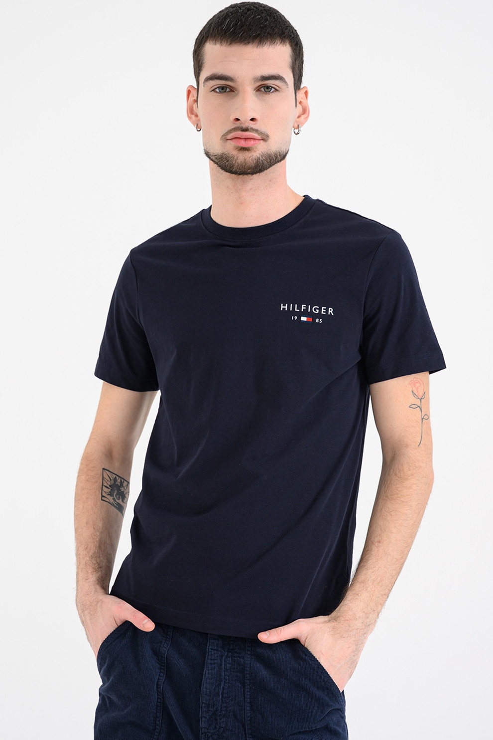 Tommy Hilfiger, Tricou cu decolteu la baza gatului si imprimeu logo, Bleumarin, S