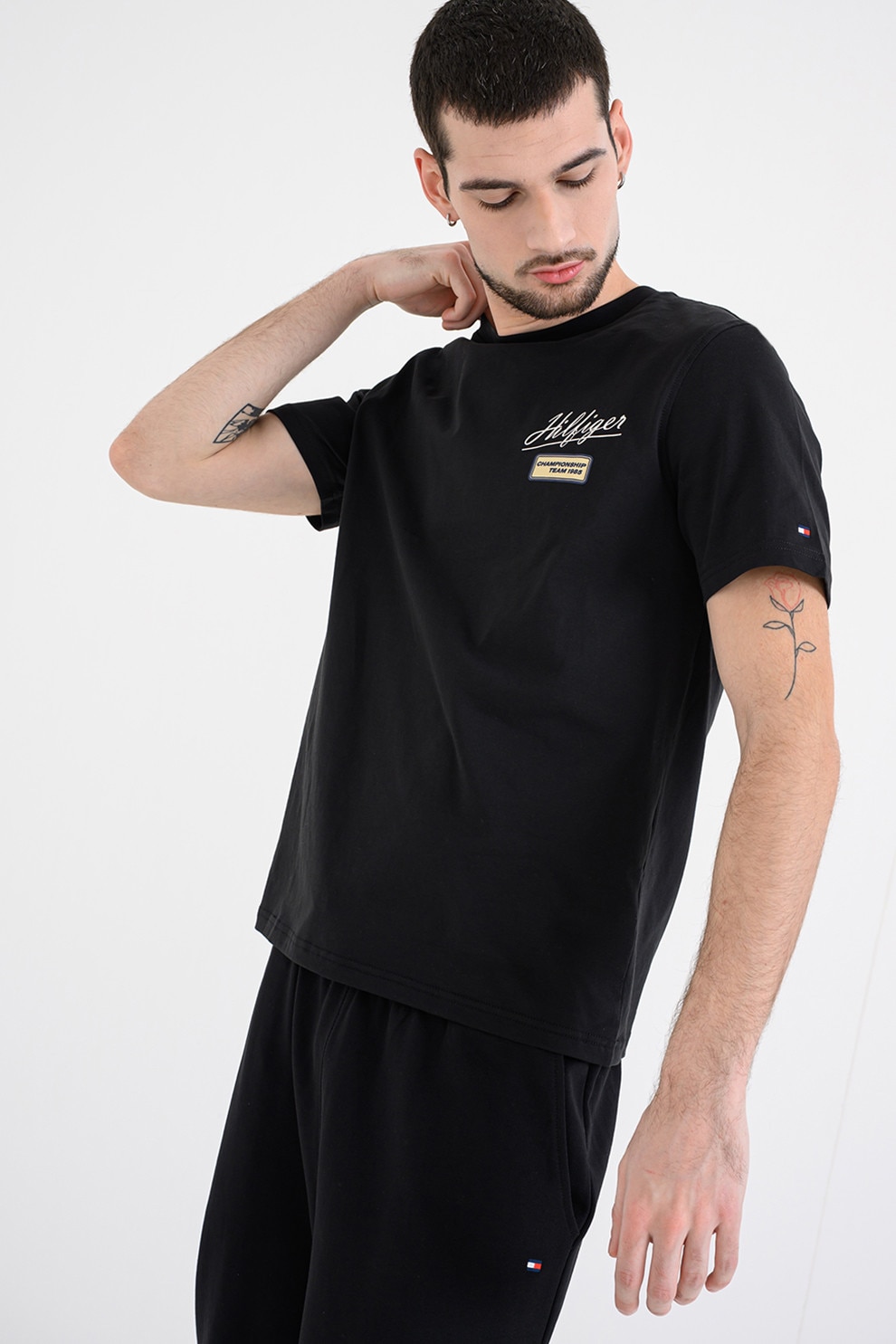 Tommy Hilfiger, Tricou slim-fit cu imprimeu logo, Negru, M