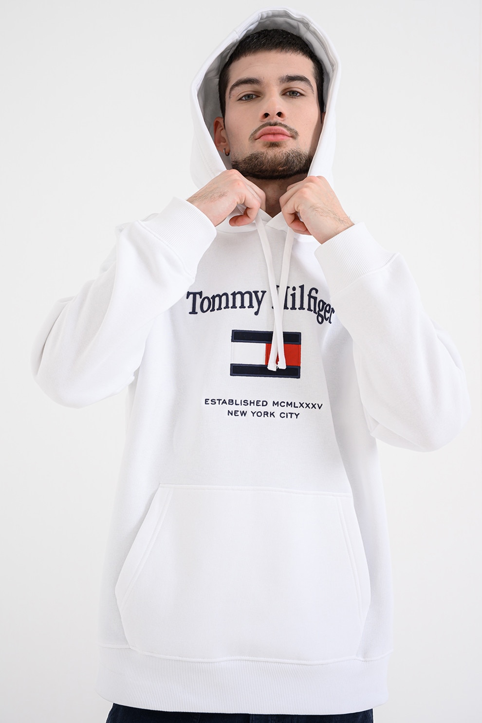 Tommy Hilfiger, Hanorac cu buzunar kangaroo si logo brodat, Alb, S