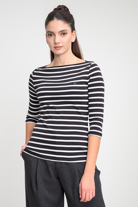 Tommy Hilfiger, Bluza slim-fit de bumbac cu maneci trei sferturi, Alb/Negru