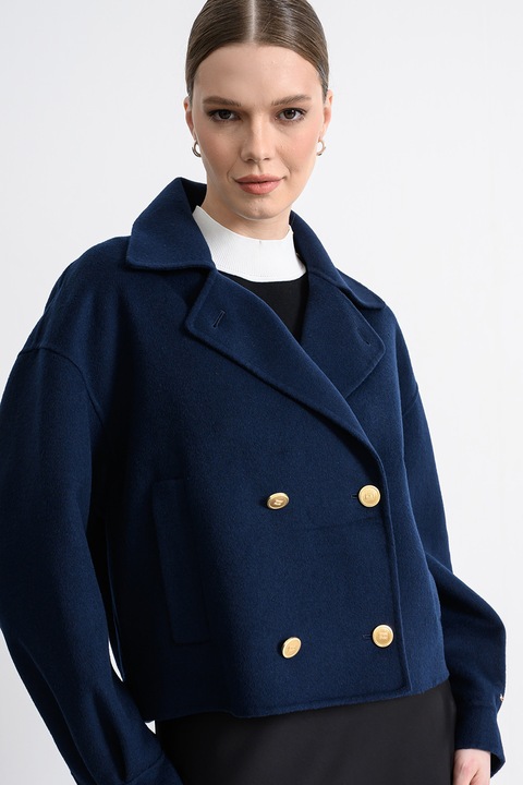 Tommy Hilfiger, Palton scurt din amestec de lana cu nasturi metalici, Bleumarin