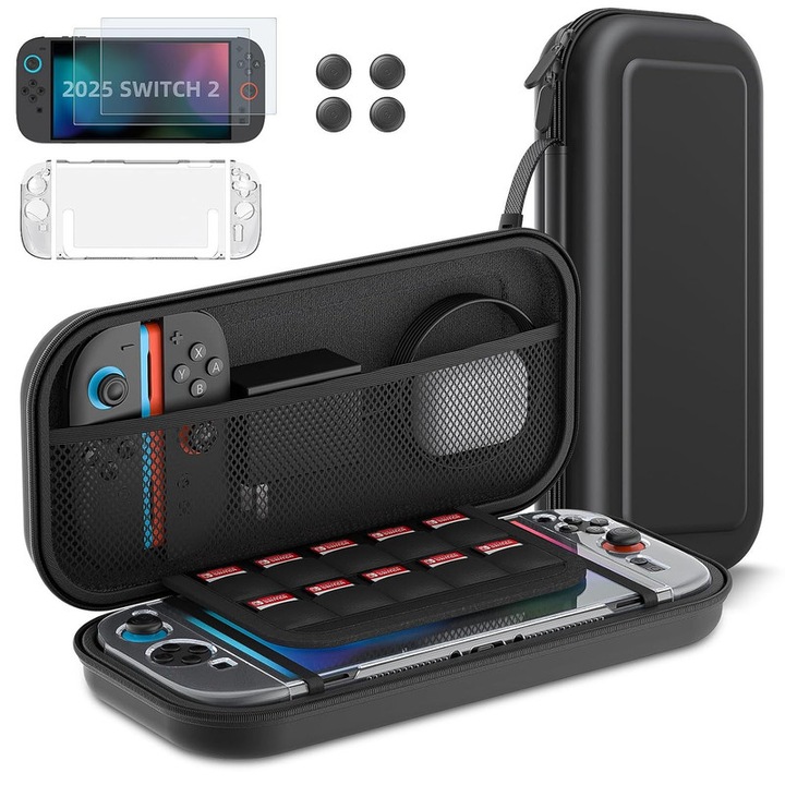 Kit protectie consola ZOUN Switch 2, film protectie, husa, 4 capace butoane, negru, portabil