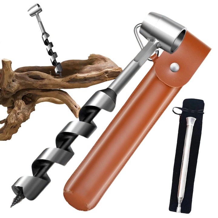 Masina de gaurit manuala, cu tub de suflare a focului, husa din piele, pentru camping, drumetii, supravietuire in jungla, otel inoxidabil