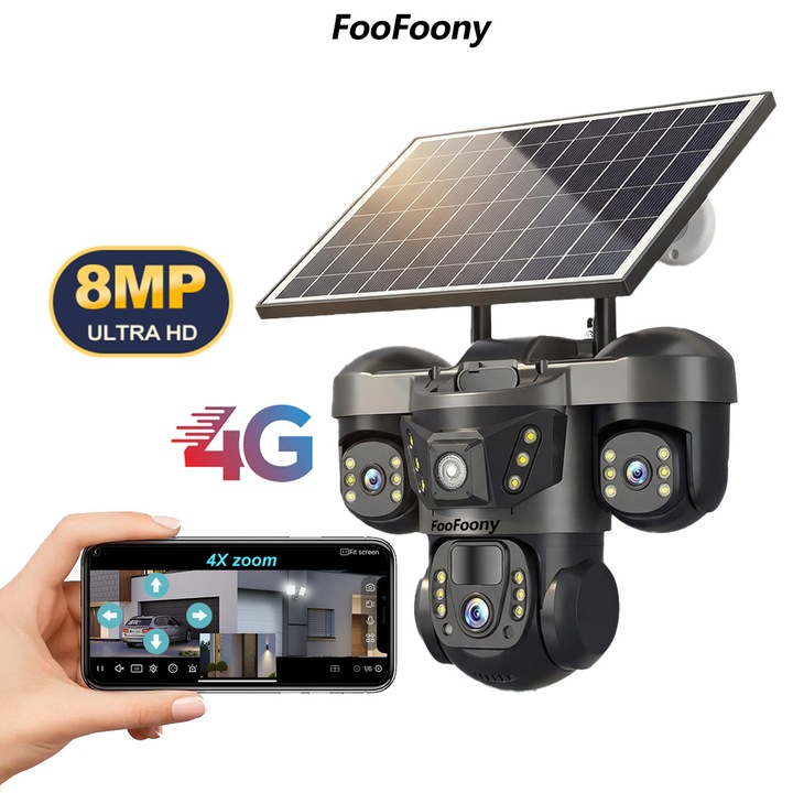 FooFoony 4G camera de supraveghere cu suport pentru panouri solare si card MicroSD de, Model V380, Imagine Full HD, PTZ 360, LED-uri de iluminat, culoare Night Vision, Detectie de miscare si panorama, microfon si difuzoare incorporate, negru