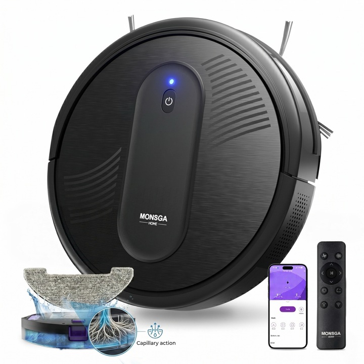 Robot aspirator Monsga MR1, 7.000 Pa putere mare de aspirare, 4-in-1 aspirare si mop, control aplicatie & Alexa, autonomie 140 min, auto-reincarcare, ultra-subtire, pentru par animale si podele dure