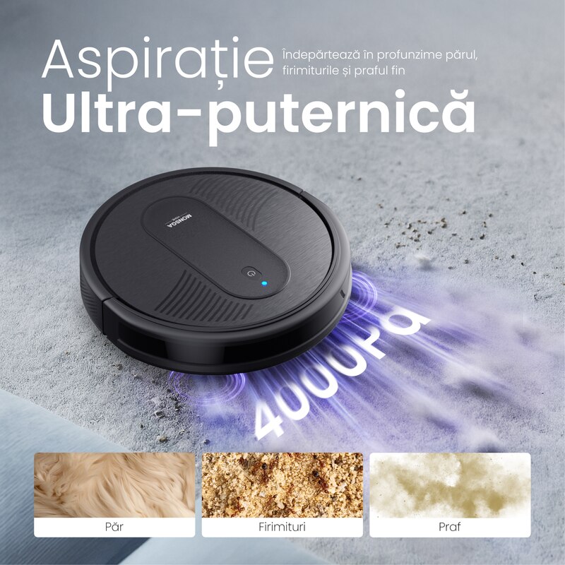 Robot aspirator Monsga MR1, 7.000 Pa putere mare de aspirare, 4-in-1 aspirare si mop, control aplicatie & Alexa, autonomie 140 min, auto-reincarcare, ultra-subtire, pentru par animale si podele dure