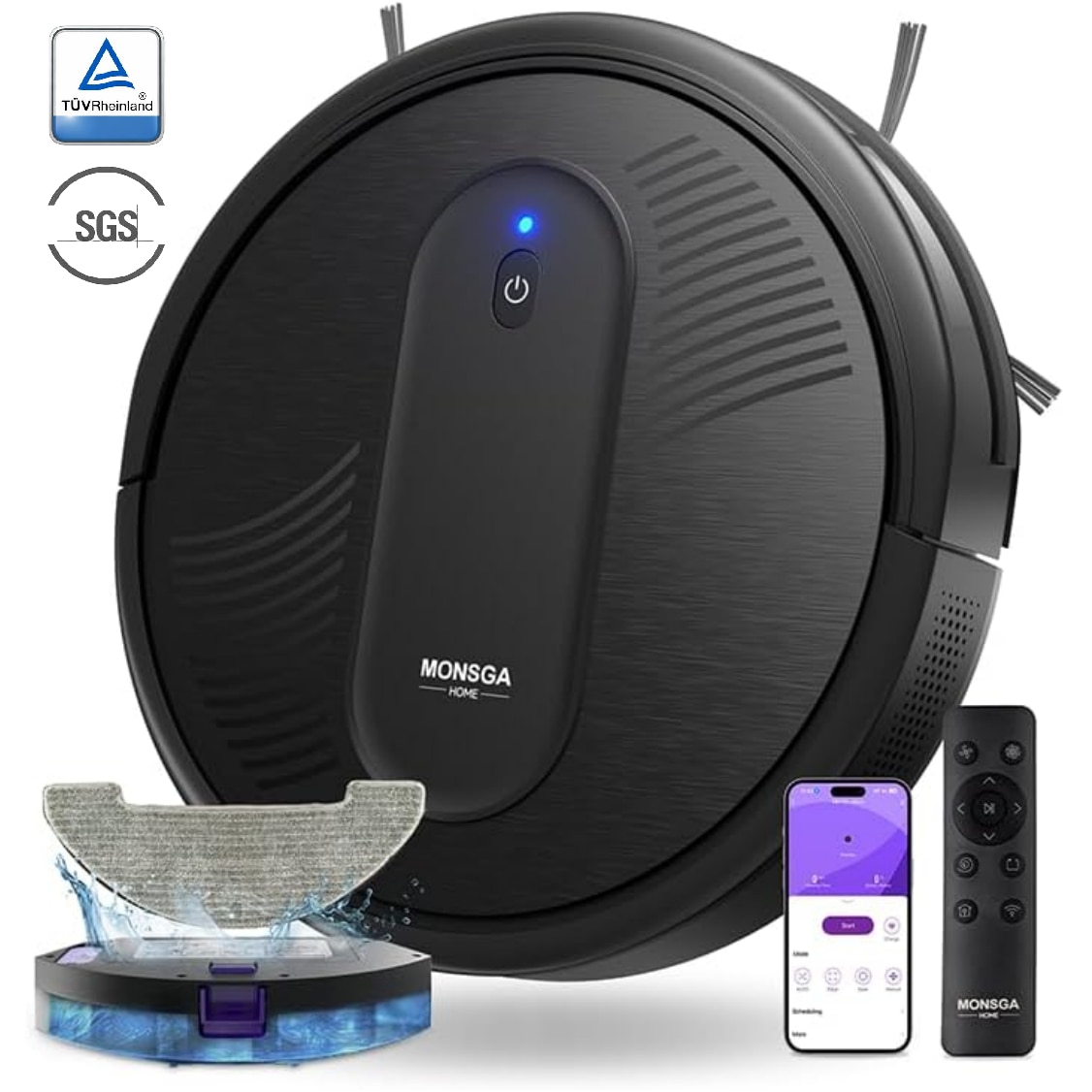 Robot aspirator Monsga MR1, 7.000 Pa putere mare de aspirare, 4-in-1 aspirare si mop, control aplicatie & Alexa, autonomie 140 min, auto-reincarcare, ultra-subtire, pentru par animale si podele dure