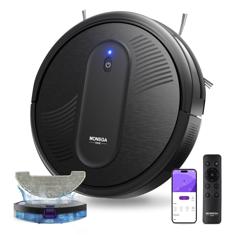 Robot aspirator Monsga MR1, 7.000 Pa putere mare de aspirare, 4-in-1 aspirare si mop, control aplicatie & Alexa, autonomie 140 min, auto-reincarcare, ultra-subtire, pentru par animale si podele dure