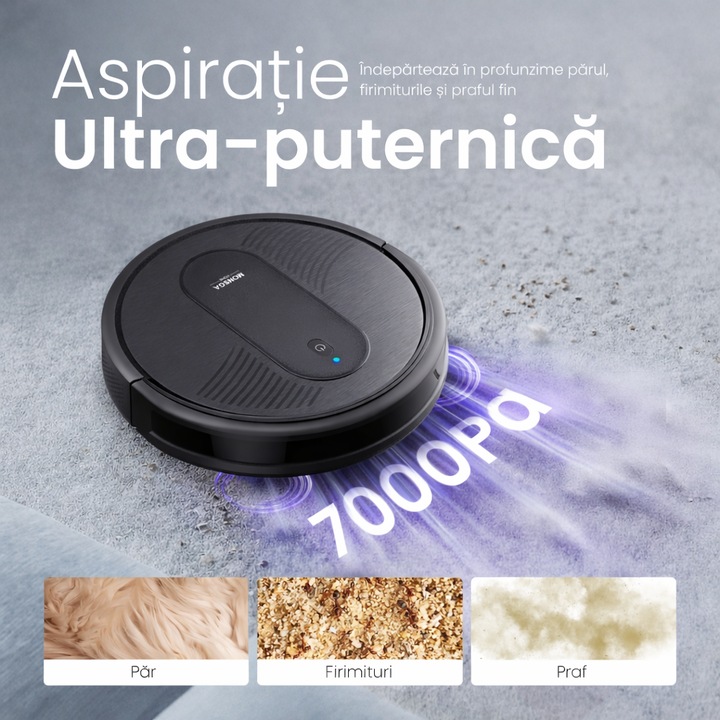 Robot aspirator Monsga MR1, 7.000 Pa putere mare de aspirare, 4-in-1 aspirare si mop, control aplicatie & Alexa, autonomie 140 min, auto-reincarcare, ultra-subtire, pentru par animale si podele dure