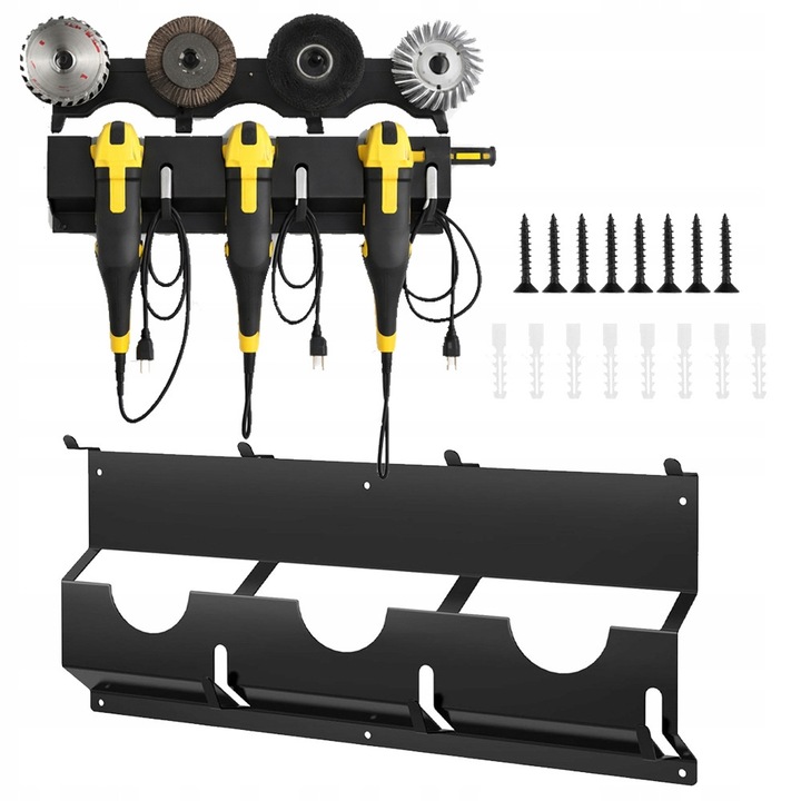 Suport de perete universal metalic, ideal pentru organizarea eficienta a atelierului, depozitare sigura si acces rapid la 3 polizoare unghiulare, fabricat din metal rezistent, culoare neagra, prindere stabila pe orice perete