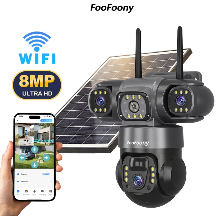 Camera de supraveghere exterior solara WiFi 4K/8MP wireless, Camere tripla fara cabluri, video, rotativa, detectare miscare, alarma, night vision color, control prin aplicatie, baterie incarcata solar, impermeabila, pentru curte si zone fara curent