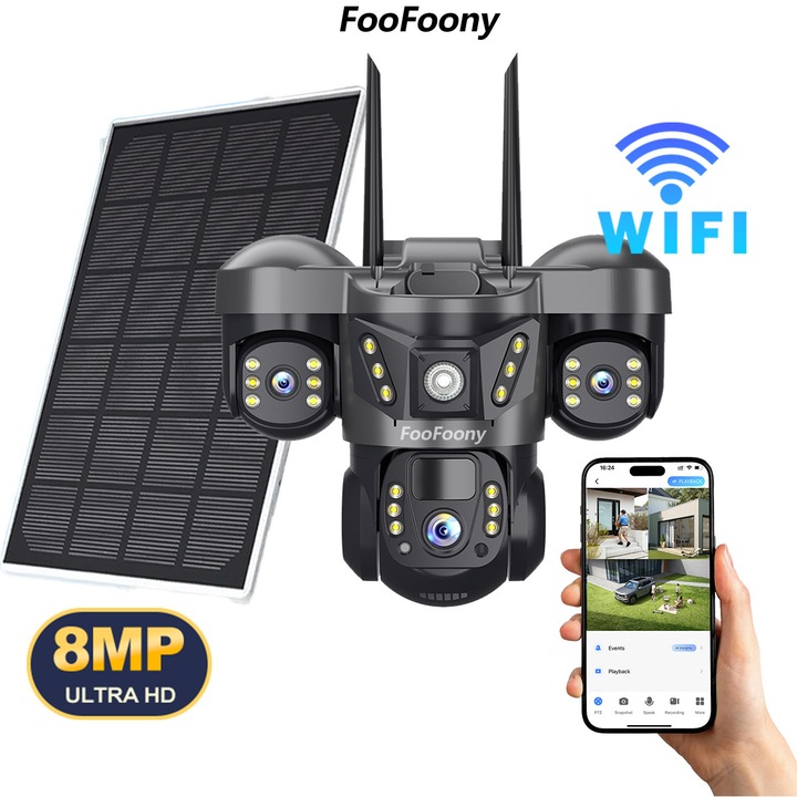 Camera de supraveghere tripla, camera supraveghere solara wifi, 8MP Full HD, 3 zone supravegheate simultan, Comunicare bidirectionala, Detectarea miscarii, Vedere nocturna, Rezistanta la apa IP66, Stocare card SD/Cloud