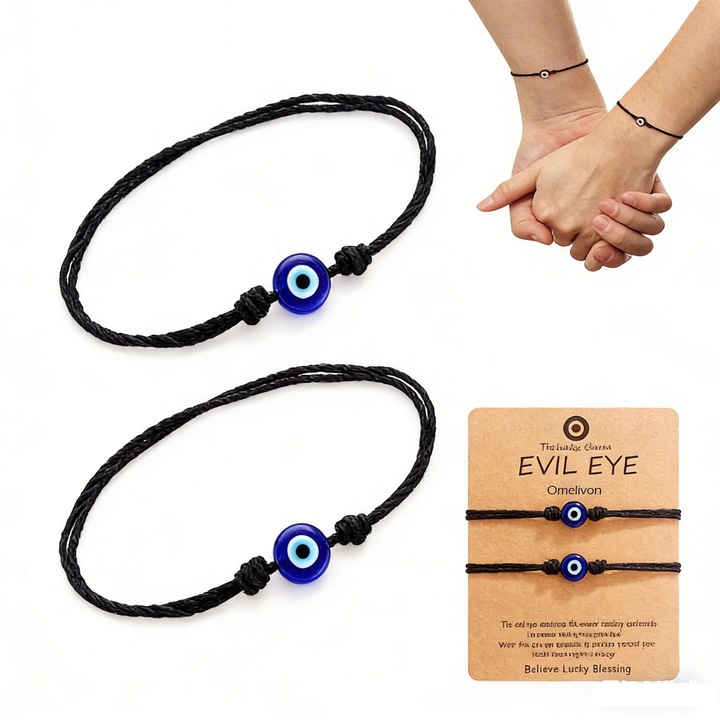 Bratari Reglabile Evil Eye Negre din Fire Tricotate - Pariente-Copil (Set 2 Bucati) | Unisex pentru Toate Varstele