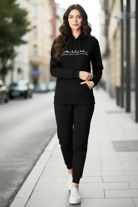 Trening dama Premium din bumbac, cu gluga, Negru