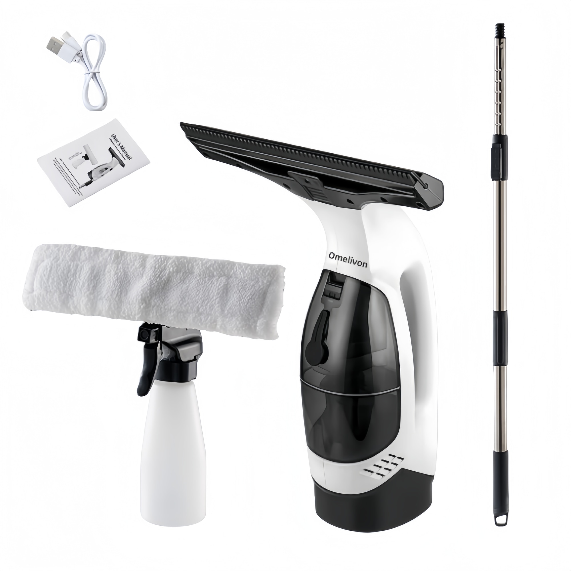 Aspirator geamuri Omelivon, cu squeegee si sticlă pulverizatoare, acumulator, 2000Pa, 150ml