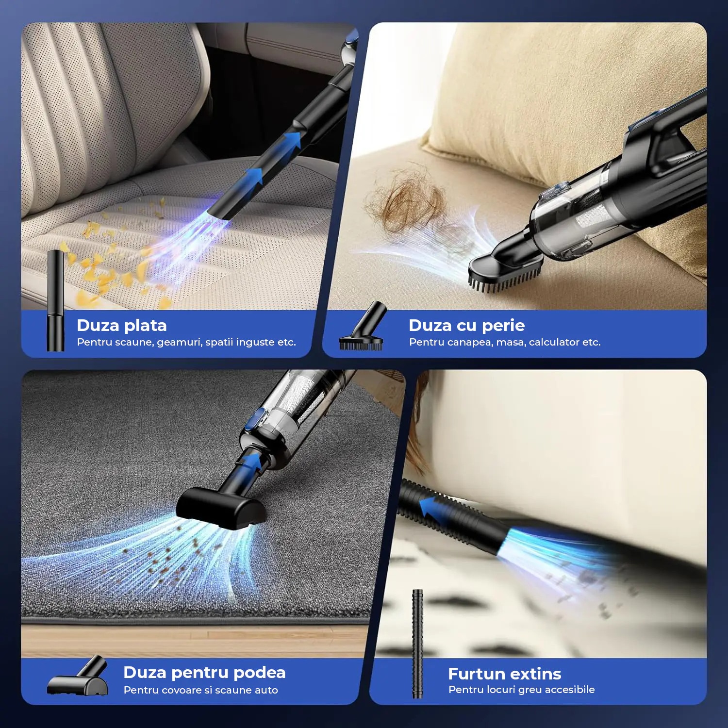 Aspirator 2 în 1 Elindor, portabil, motor brushless 130W, putere aspirare 18000 Pa, filtru HEPA, albastru, dimensiuni 35x10x8cm