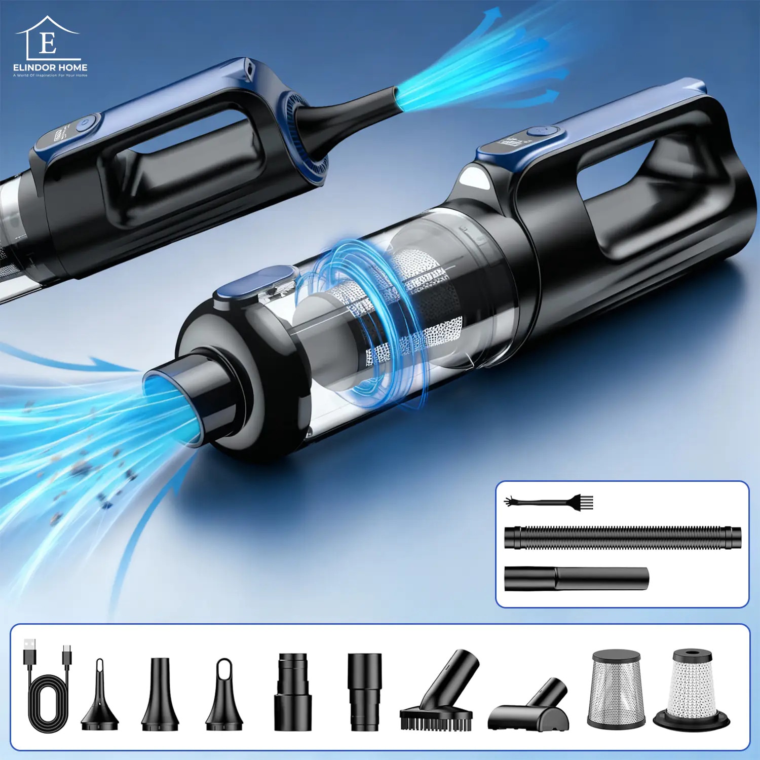 Aspirator 2 în 1 Elindor, portabil, motor brushless 130W, putere aspirare 18000 Pa, filtru HEPA, albastru, dimensiuni 35x10x8cm