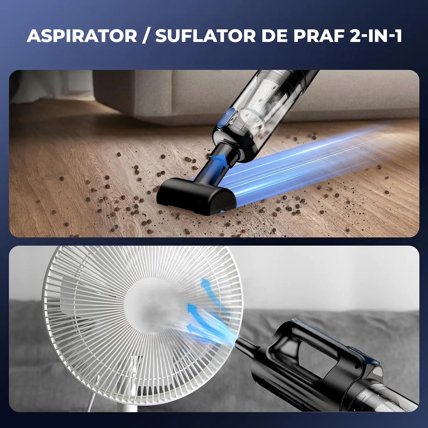 Aspirator 2 în 1 Elindor, portabil, motor brushless 130W, putere aspirare 18000 Pa, filtru HEPA, albastru, dimensiuni 35x10x8cm