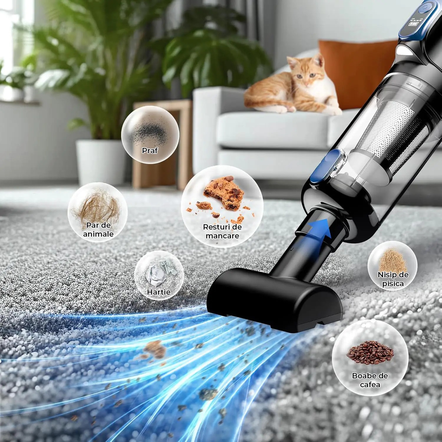 Aspirator 2 în 1 Elindor, portabil, motor brushless 130W, putere aspirare 18000 Pa, filtru HEPA, albastru, dimensiuni 35x10x8cm