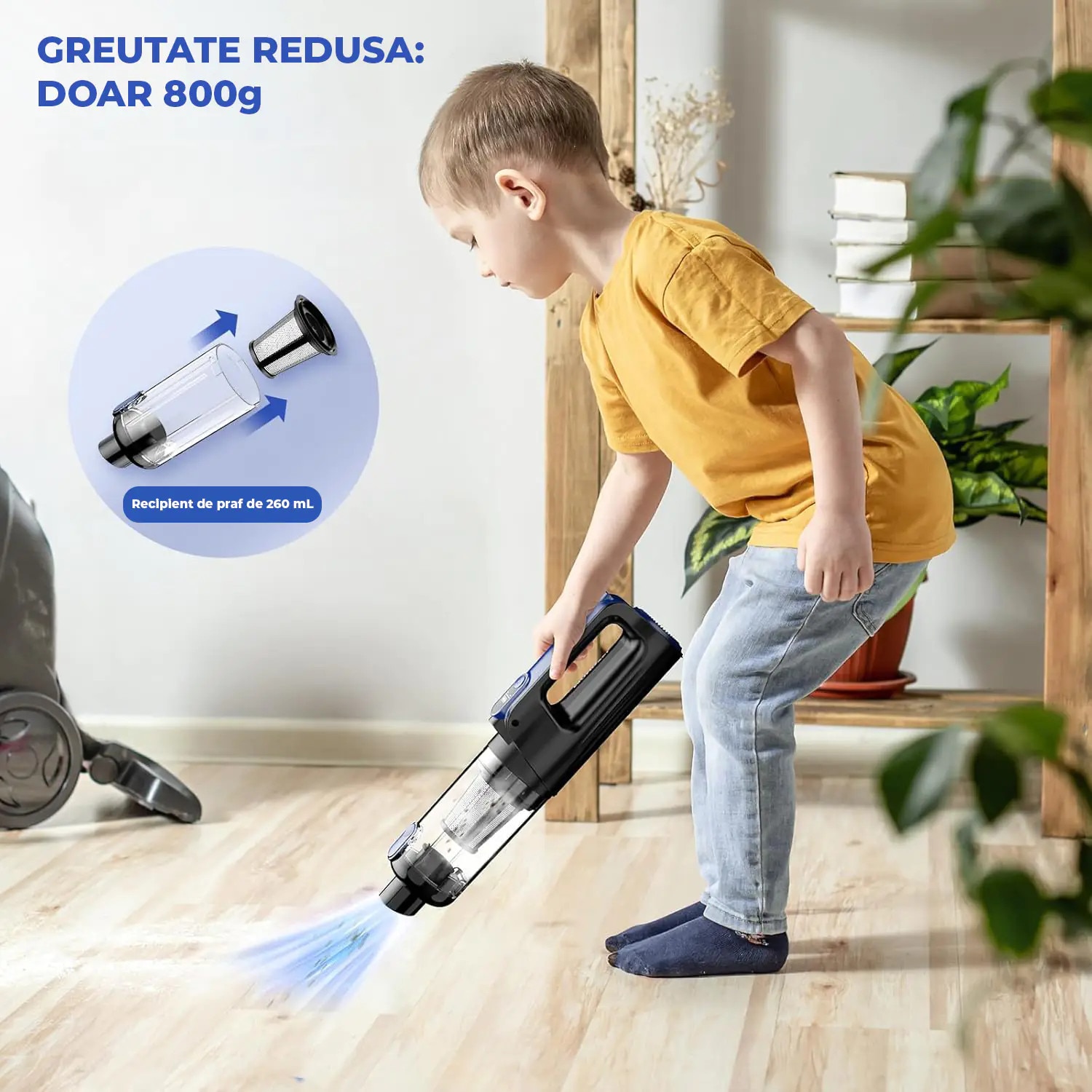 Aspirator 2 în 1 Elindor, portabil, motor brushless 130W, putere aspirare 18000 Pa, filtru HEPA, albastru, dimensiuni 35x10x8cm