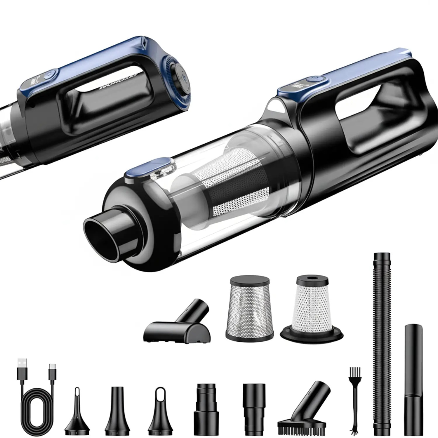 Aspirator 2 în 1 Elindor, portabil, motor brushless 130W, putere aspirare 18000 Pa, filtru HEPA, albastru, dimensiuni 35x10x8cm