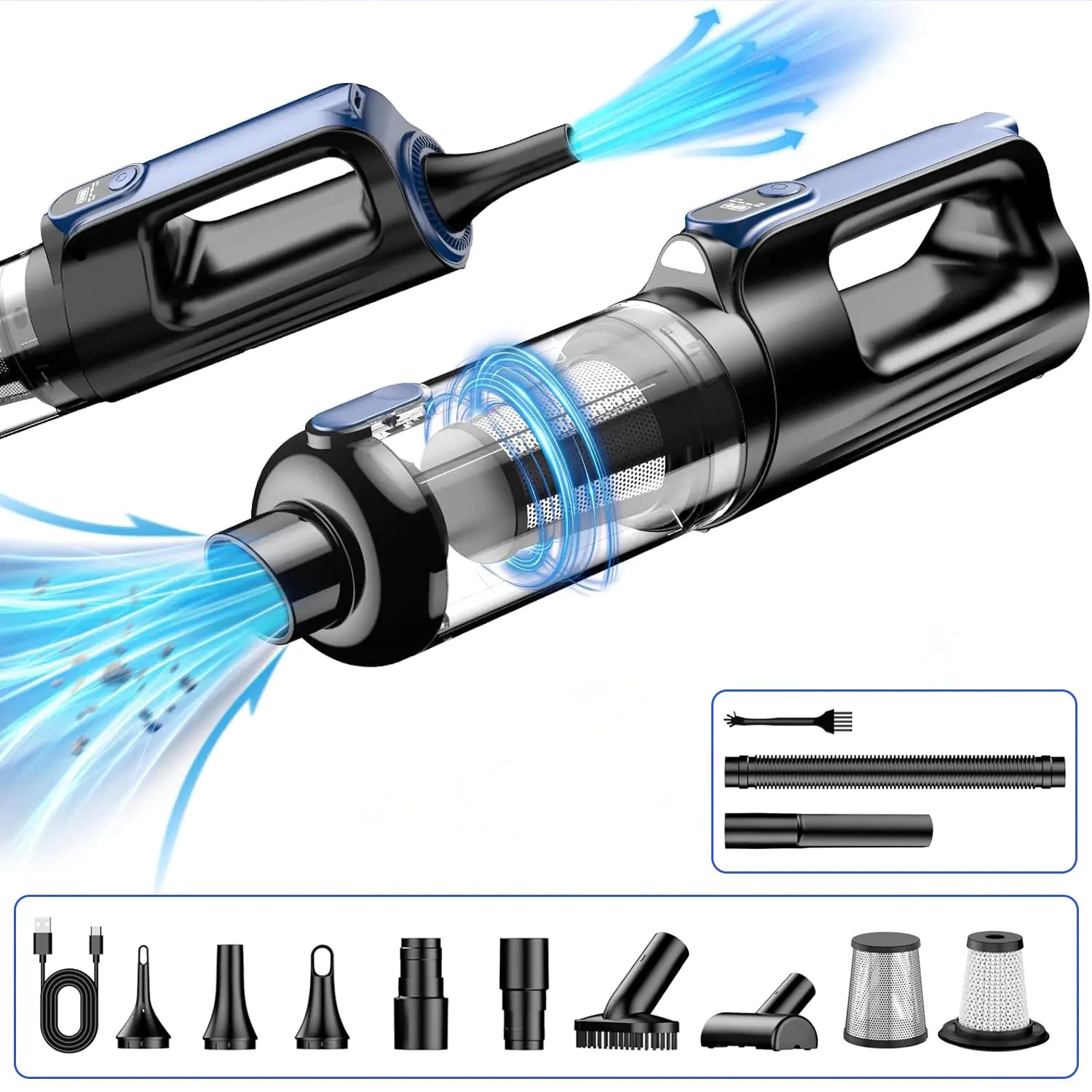 Aspirator 2 în 1 Elindor, portabil, motor brushless 130W, putere aspirare 18000 Pa, filtru HEPA, albastru, dimensiuni 35x10x8cm