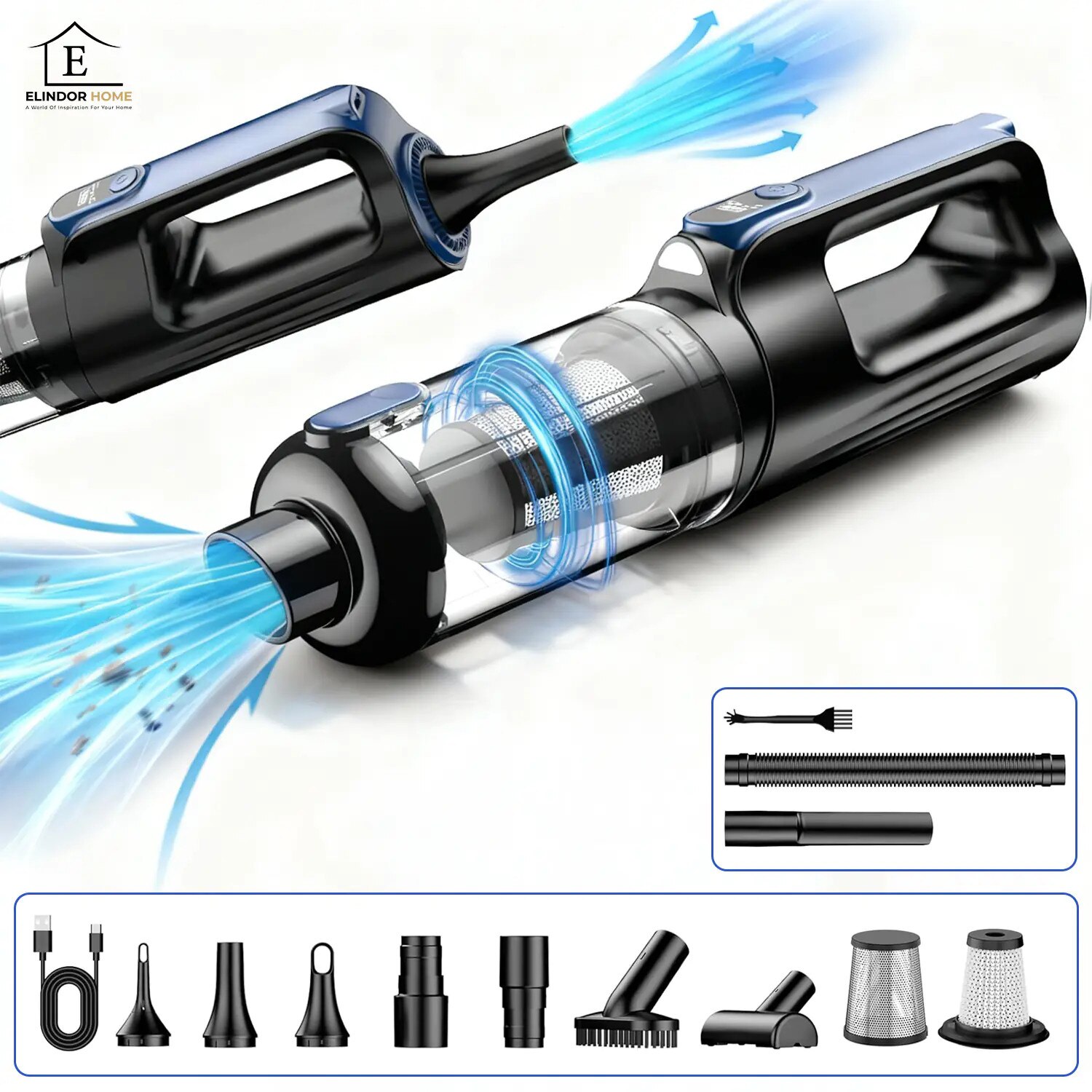 Aspirator 2 în 1 Elindor, portabil, motor brushless 130W, putere aspirare 18000 Pa, filtru HEPA, albastru, dimensiuni 35x10x8cm