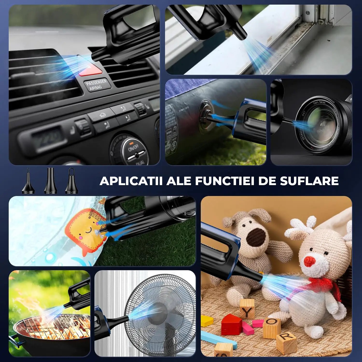 Aspirator 2 în 1 Elindor, portabil, motor brushless 130W, putere aspirare 18000 Pa, filtru HEPA, albastru, dimensiuni 35x10x8cm