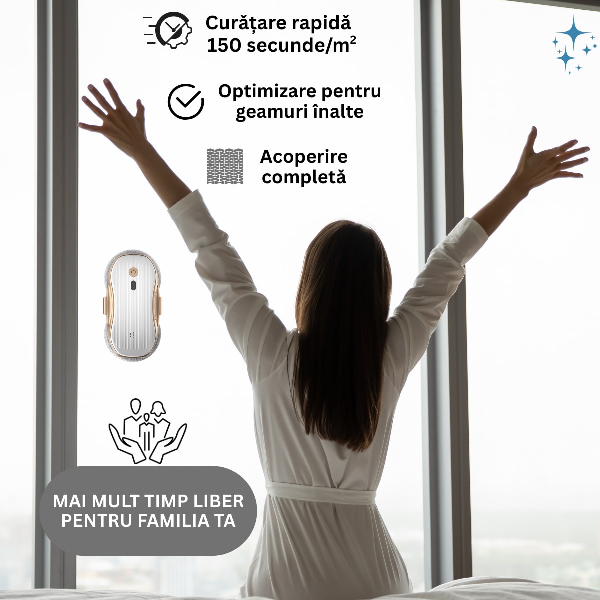 Robot Curatare Geamuri, Vendra, Robot Spalat Geamuri Cu Pulverizare Bidirectionala, Aspirator Geamuri Cu Control Prin Aplicatie Si Telecomanda, Alb