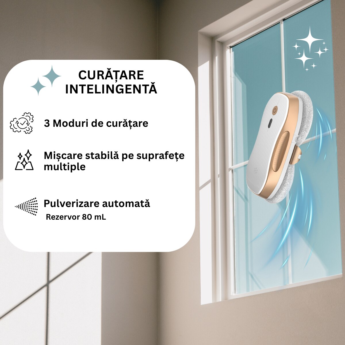 Robot Curatare Geamuri, Vendra, Robot Spalat Geamuri Cu Pulverizare Bidirectionala, Aspirator Geamuri Cu Control Prin Aplicatie Si Telecomanda, Alb
