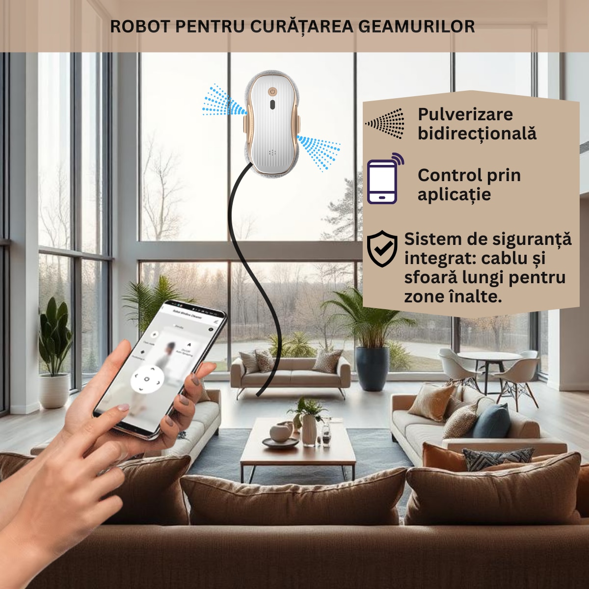 Robot Curatare Geamuri, Vendra, Robot Spalat Geamuri Cu Pulverizare Bidirectionala, Aspirator Geamuri Cu Control Prin Aplicatie Si Telecomanda, Alb