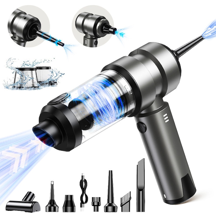 Aspirator de mana fara fir, DONFANLIA®, 4 in 1, Motor fara perii, Portabil, Aspiratie puternica 18000pa, 3 viteze, 6000mAh, Incarcare USB, Autonomie 43 min, Filtru HEPA, Ideal pentru Casa si Birou, Gri