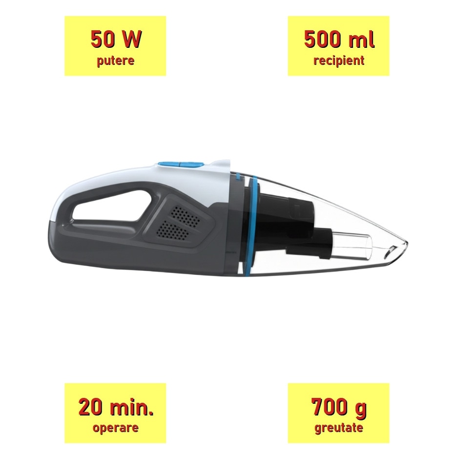 Aspirator de mana, 50 W, 500 ml, 20 min autonomie, filtru HEPA, 41.5x12x12 cm, cu 4 accesorii inclus