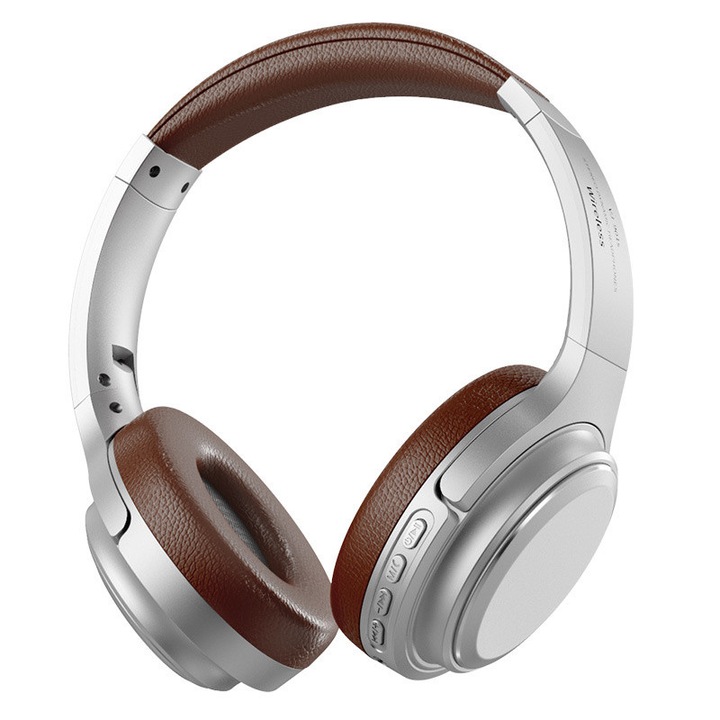 Casti Bluetooth retro pentru adults, vintage maro argintiu, cu anulare a zgomotului, design ergonomic, tip peste ureche