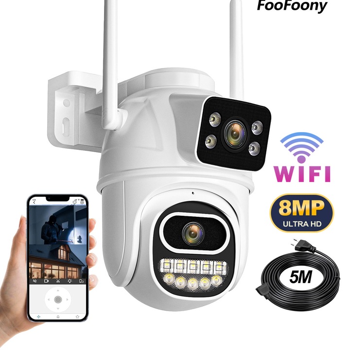 Камера за наблюдение за външен/вътрешен монтаж FooFoony, 8MP, Ultra HD, 4X увеличение, въртене, LED светлини, двупосочна комуникация, аларма, сензор за движение, бяла