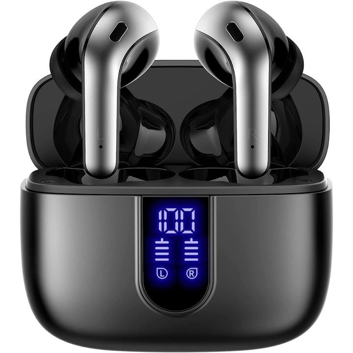 Casti fara fir, NUEEK, In-Ear, Casti audio fara fir M110, Calitate sunet Hi-Fi, Bluetooth 5.4, Microfon audio HD, Comenzi tactile, Latenta scazuta, Rezistent la apa si rezistent la transpiratie, Negru