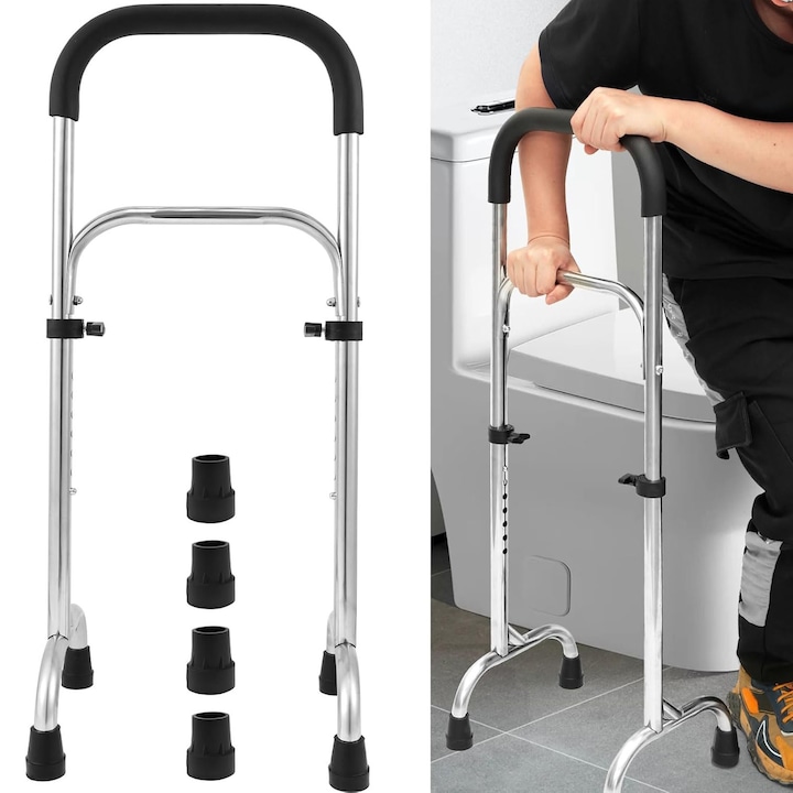 Cadru de sprijin pentru ridicare din pat, Bedee, Otel inoxidabil, Inaltime reglabila 78-89 cm, cu maner ergonomic si baza stabila - pentru varstnici si persoane cu mobilitate redusa, Capacitate de incarcare de 200kg, negru si argintiu