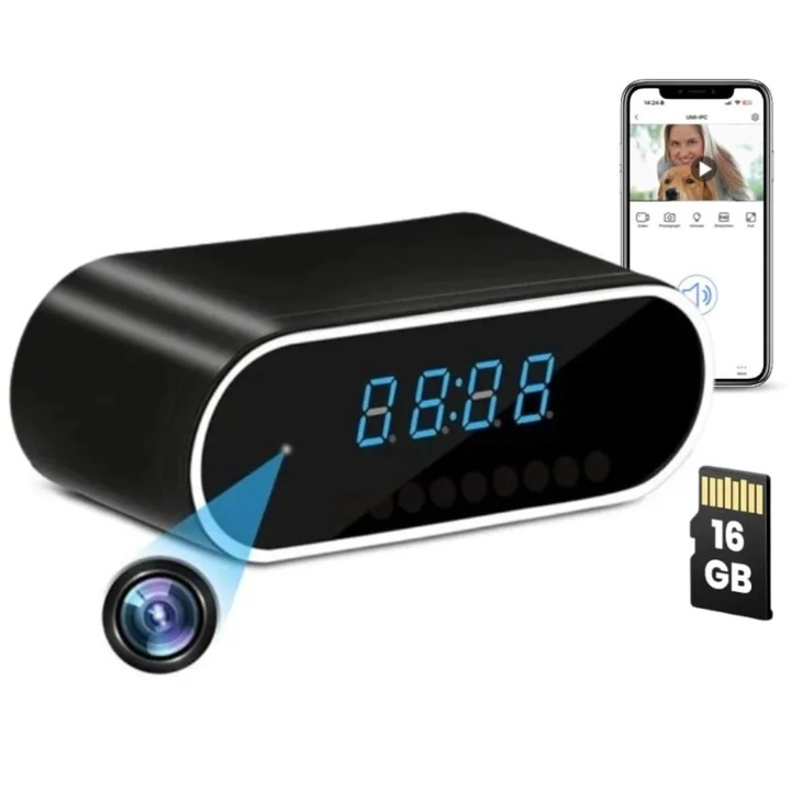 Otthoni megfigyelő kamera órában – WiFi, Éjjellátó, Full HD, Mozgásérzékelő