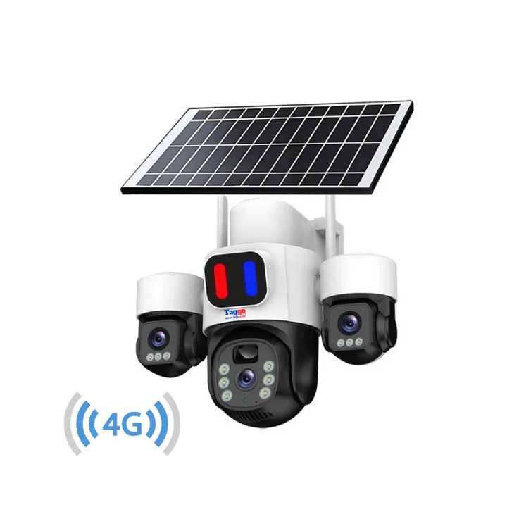 4G Камера за наблюдение, соларна, 3 обектива, 12MP, бяла, управление от приложение, цветно нощно виждане
