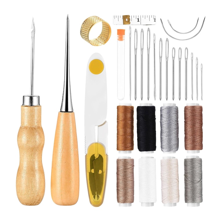 Set 29 articole cusut piele, AFKSMILE, Unelte de cusut, Cu diferite dimensiuni si tipuri de ace de cusut, foarfece, ata si rigla, Usor de depozitat si de organizat, Pentru incepatori si profesionisti, Multicolor