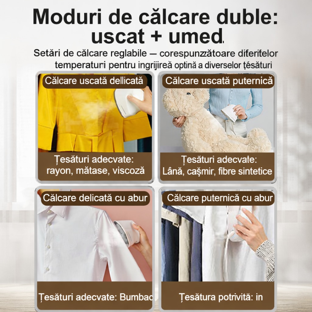 Fier de Calcat cu Abur Nano|4 moduri de calcare (2 uscate + 2 cu abur);Functie cu ioni negativi;Oprire automata de siguranta;Talpa curbata;Calcare orizontala si verticala;cu priza de calatorie