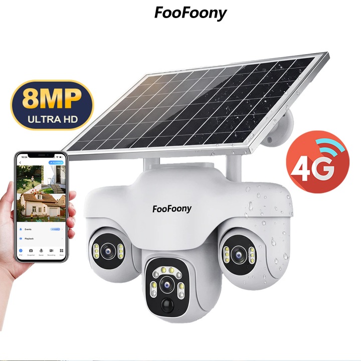 FooFoony camera supraveghere cu panou solar, camera supraveghere wireless， 8MP, acumulatori 16000 mAh, Wi-Fi 2.4Ghz, Panou Solar 8W, 4X zoom, culoarea vederii nocturne, Urmarire automata, IP66, stocare card/cloud, comunicare bidirectionala, Alba