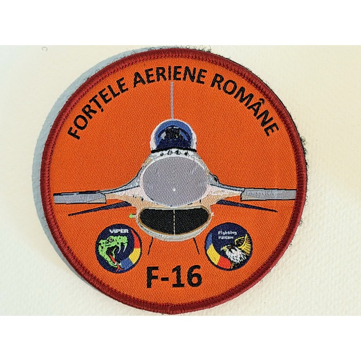Emblema tesuta, avion F-16, material textil, 9.5cm diametru
