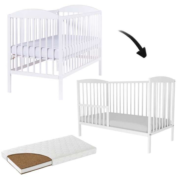 Tömörfa kiságy leesésgátlóval 120x60 cm Kidizi Orella fehér és kókusz LUX matrac 120x60x9 cm, 3 fokozatban állítható, EN71 tanúsítvánnyal