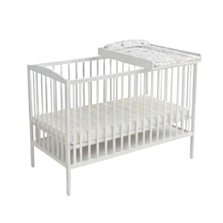 Kidizi Orella Дървено креватче 120x60 см бяло, дървена маса за повиване и матрак включени, регулируемо на 3 нива, сертифицирано по EN71